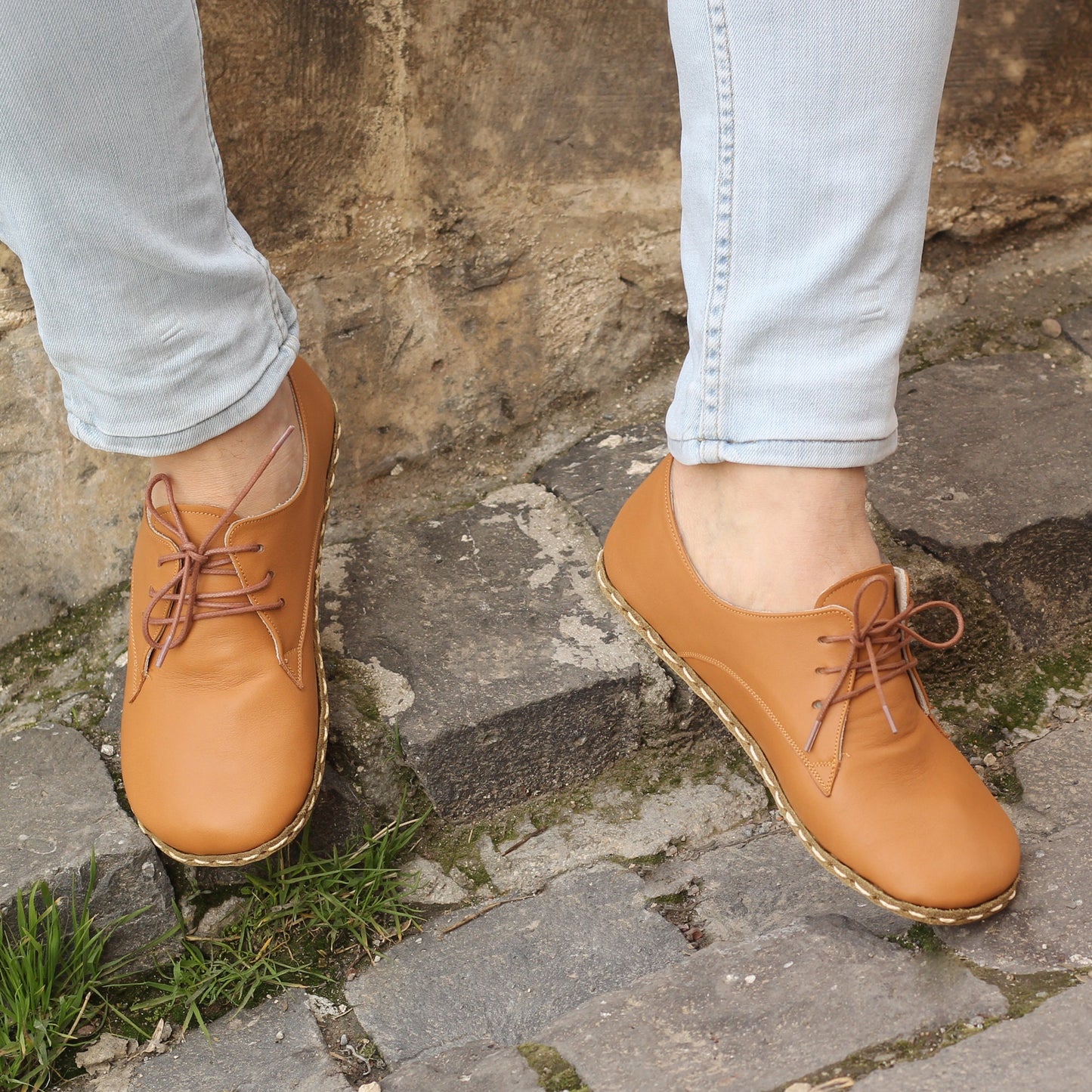 Men Barefoot Oxford Light Orange Shoes-  Handmade