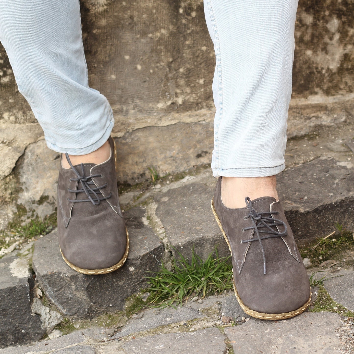 Men Barefoot Shoes, Handmade, Gray Nubuck Leather Shoes