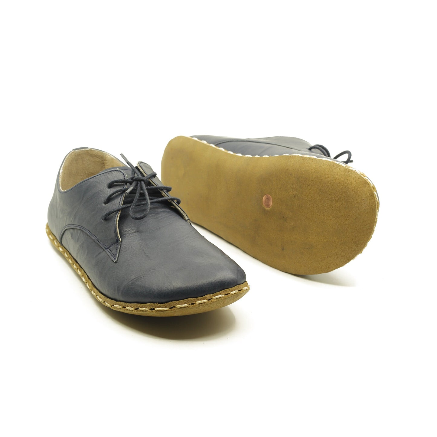 Navy Blue Leather Laced Oxford Barefoot Shoes - Nefes