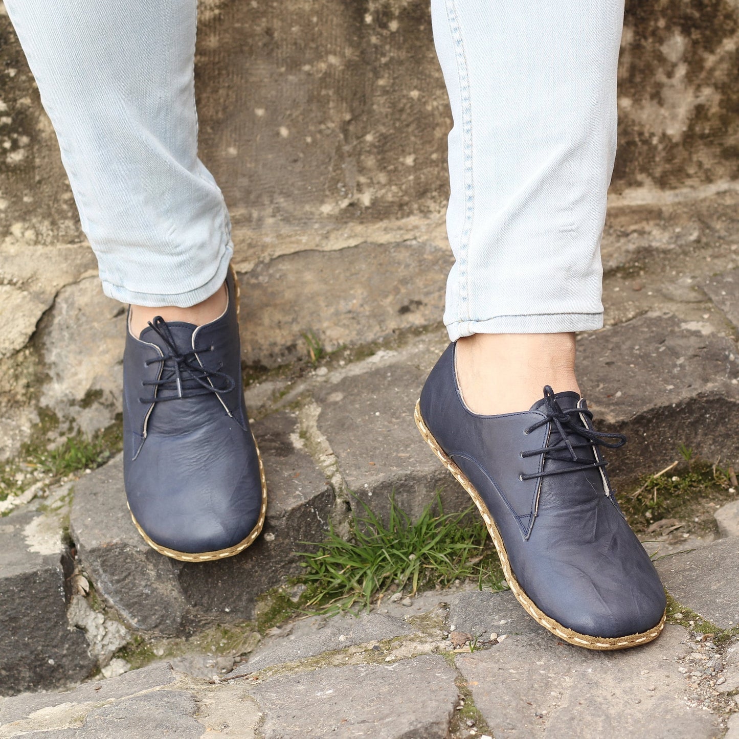 Men Barefoot Oxford Navy Blue Shoes-  Handmade
