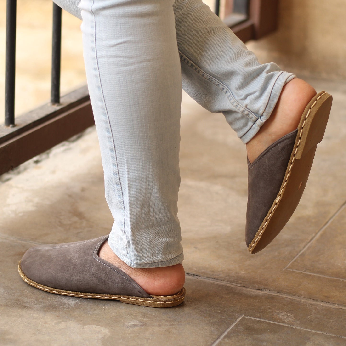 Sheepskin slippers - Winter Slippers - Barefoot Slipper - Close Toed Slippers - Gray Nubuck Leather - Copper Rivet - For Women