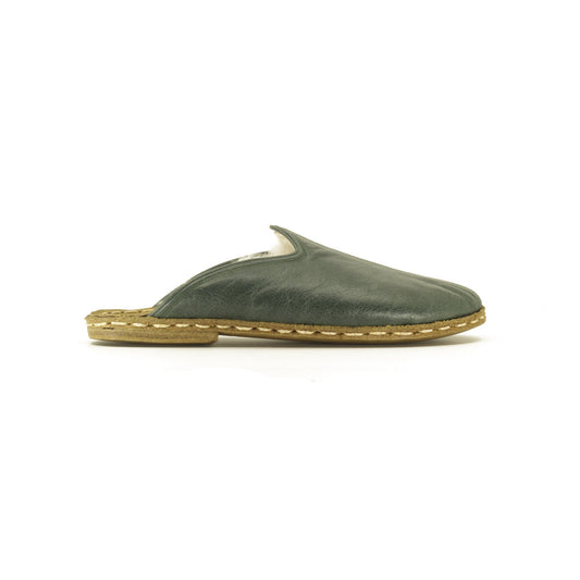 Green Leather Fur Slippers For Women Indoor - Nefes Shoes