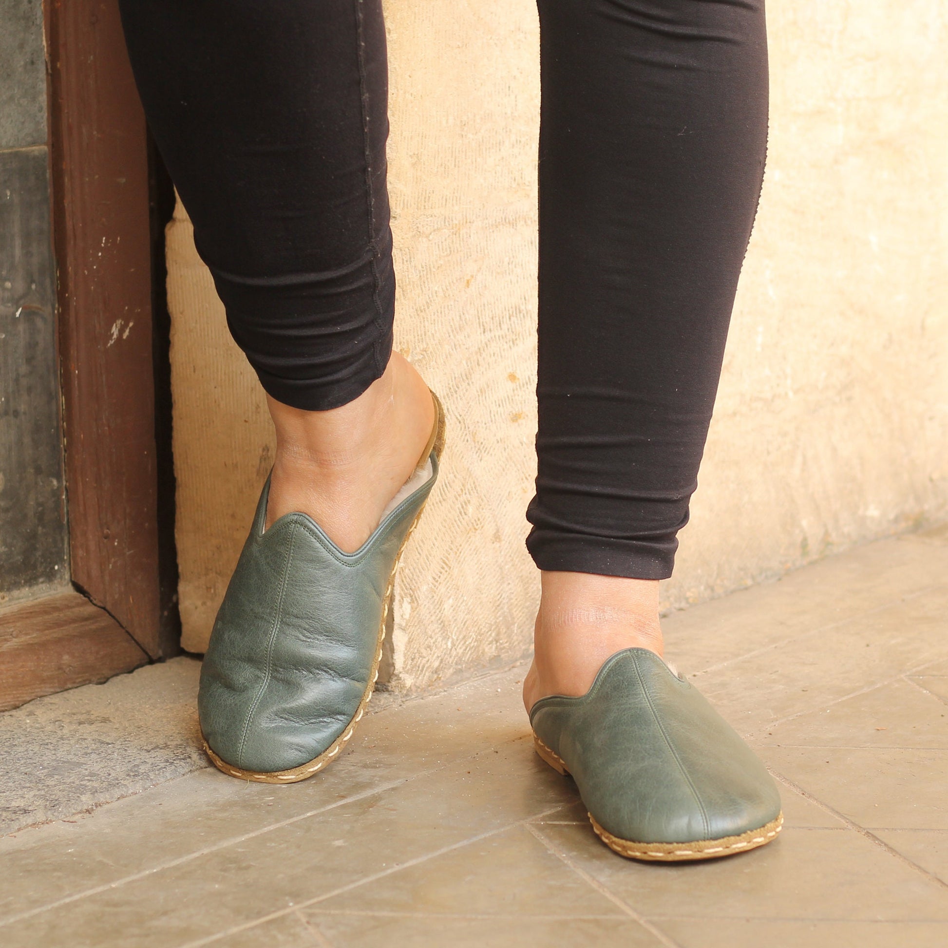 Womens Leather Bottom Slippers Handmade Barefoot - Nefes Shoes