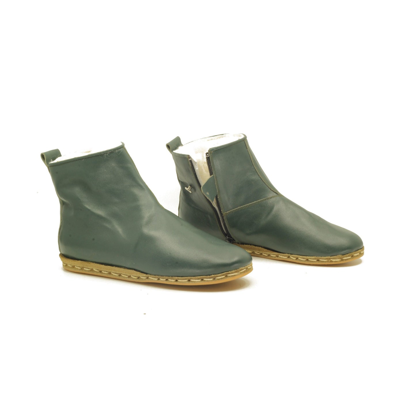 Women's Boot, Real Tuscan Fur Inside, All Leather, Shine Green