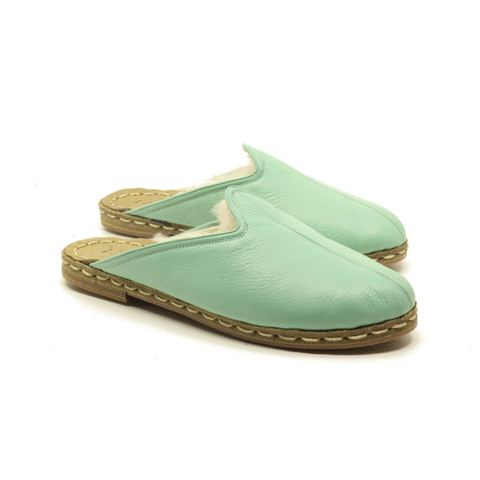 Winter Sheepskin Slippers Turquoise Women's-Nefes Shoes