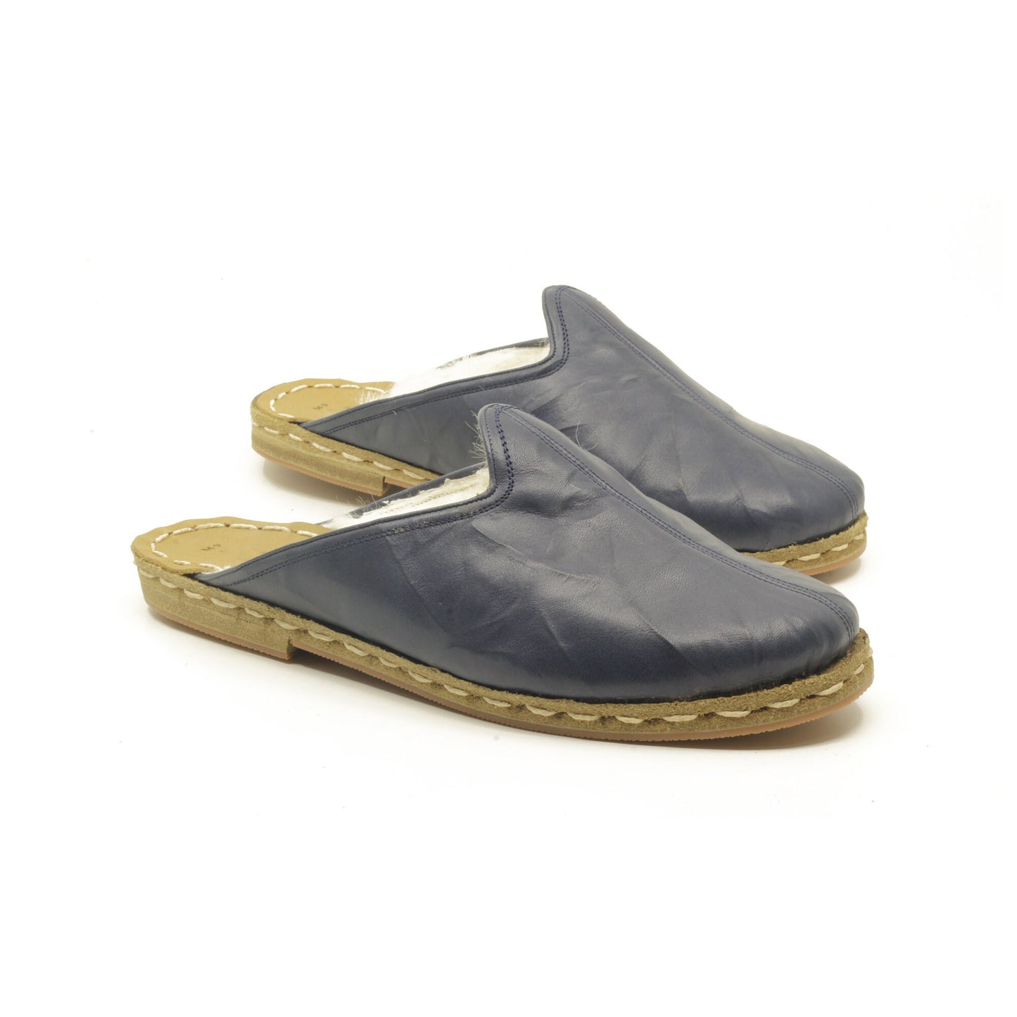 Winter Slippers  - Sheepskin slippers  - Close Toed Slippers - Navy Blue Leather – Rubber Sole - For Women