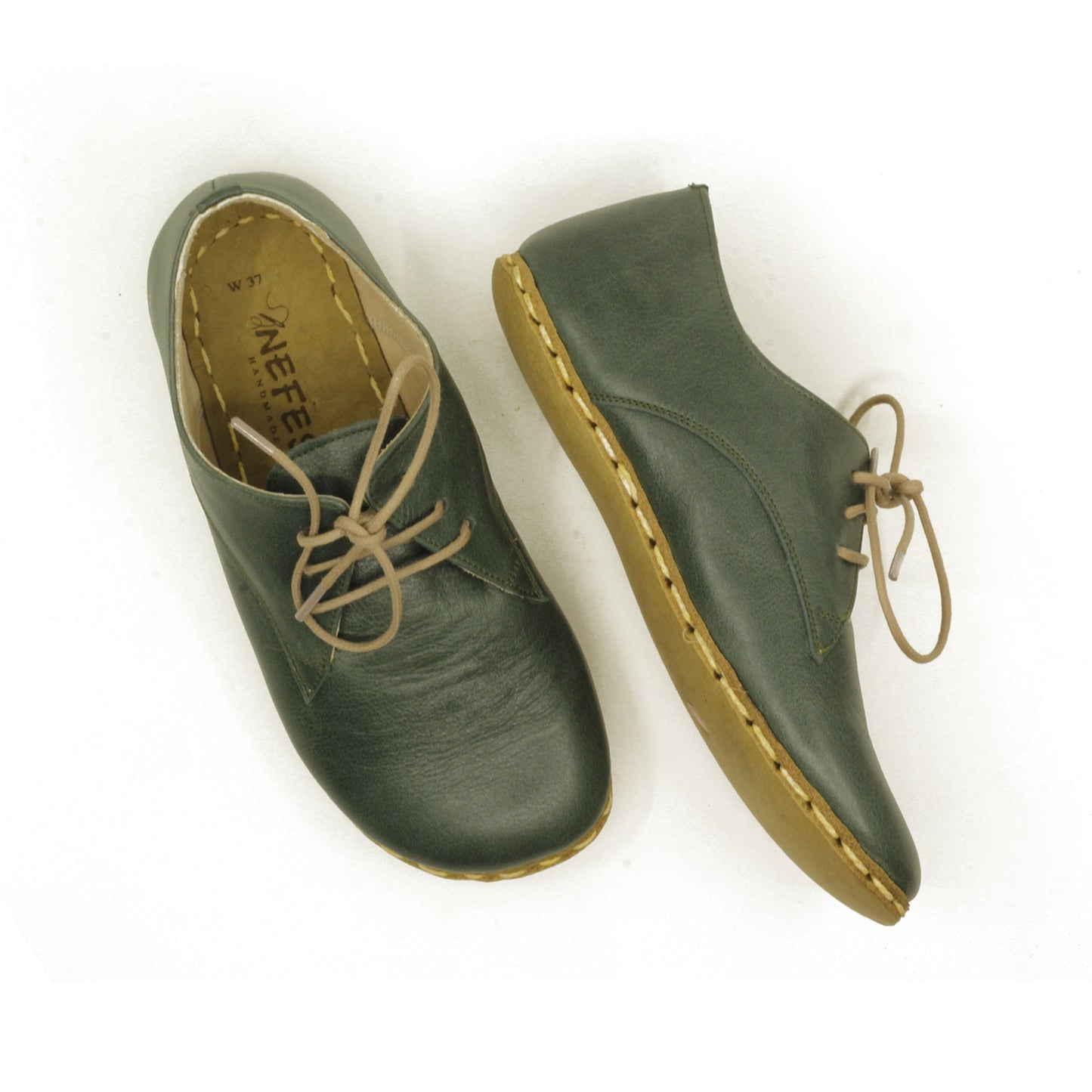 Handmade Green Leather Barefoot Laced Shoes for Women