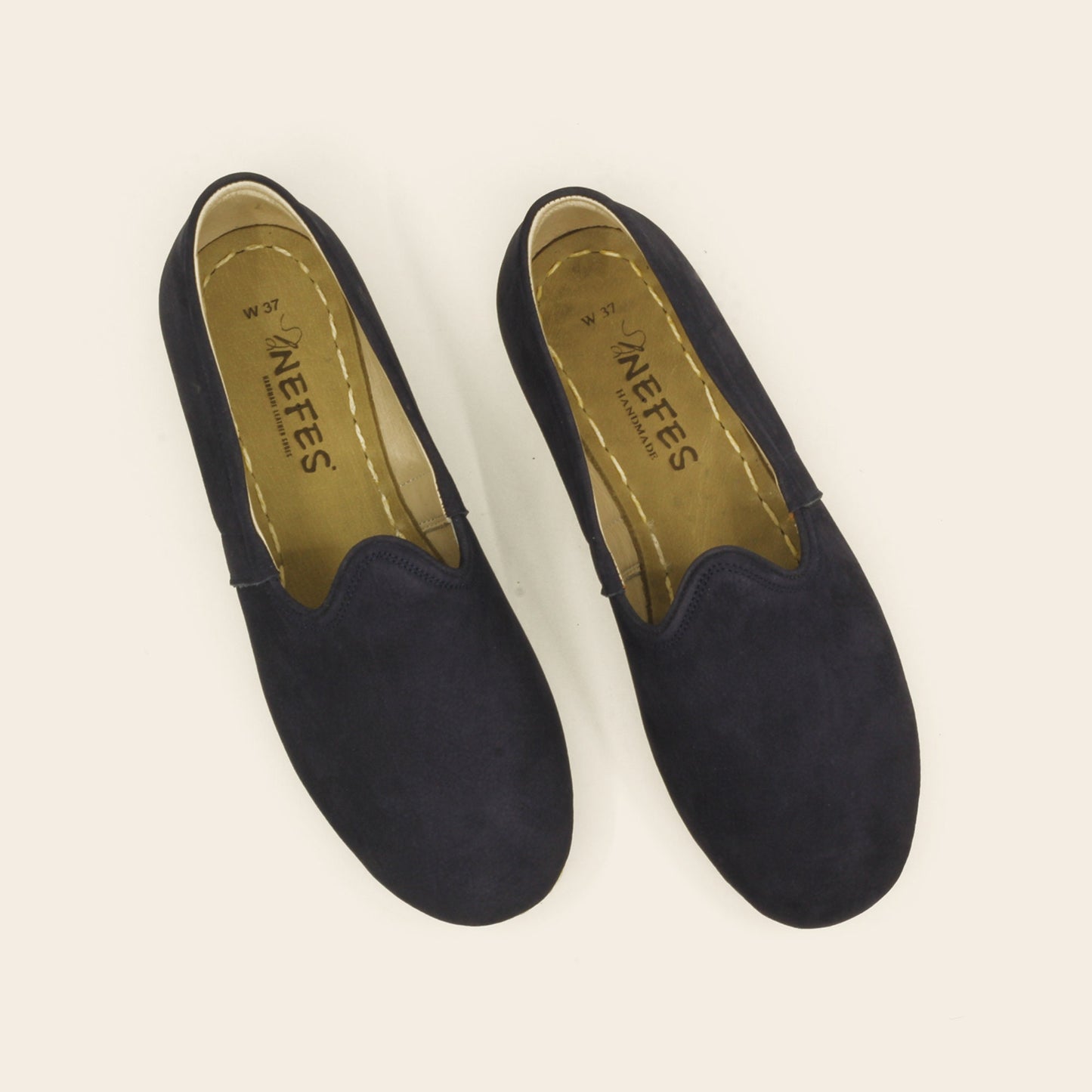 Ladies Navy Blue Leather Handmade Shoes - Nefes Shoes