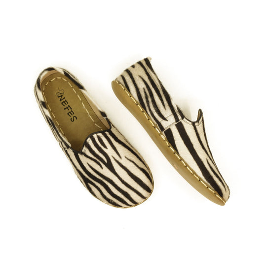 Zebra Stripe Slip-Ons: Women's Handmade Barefoot Elegance - Nefes