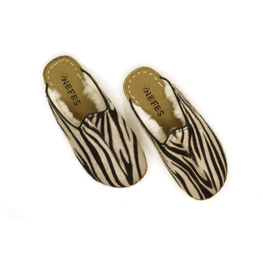 Zebra Fur Slippers Barefoot For Woman - Nefes Shoes
