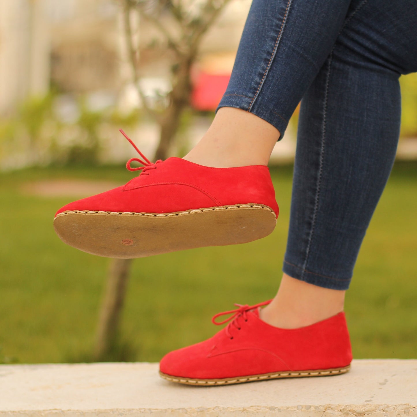Women - Handmade - Oxford - Laced - Barefoot - Leather Shoes, - Red Nubuck