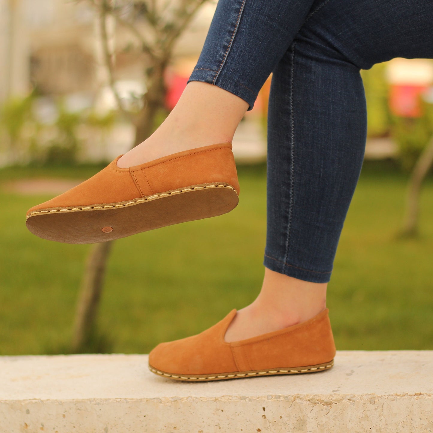 Women - Handmade - Barefoot - Leather Shoes, Classic- Orange Nubuck