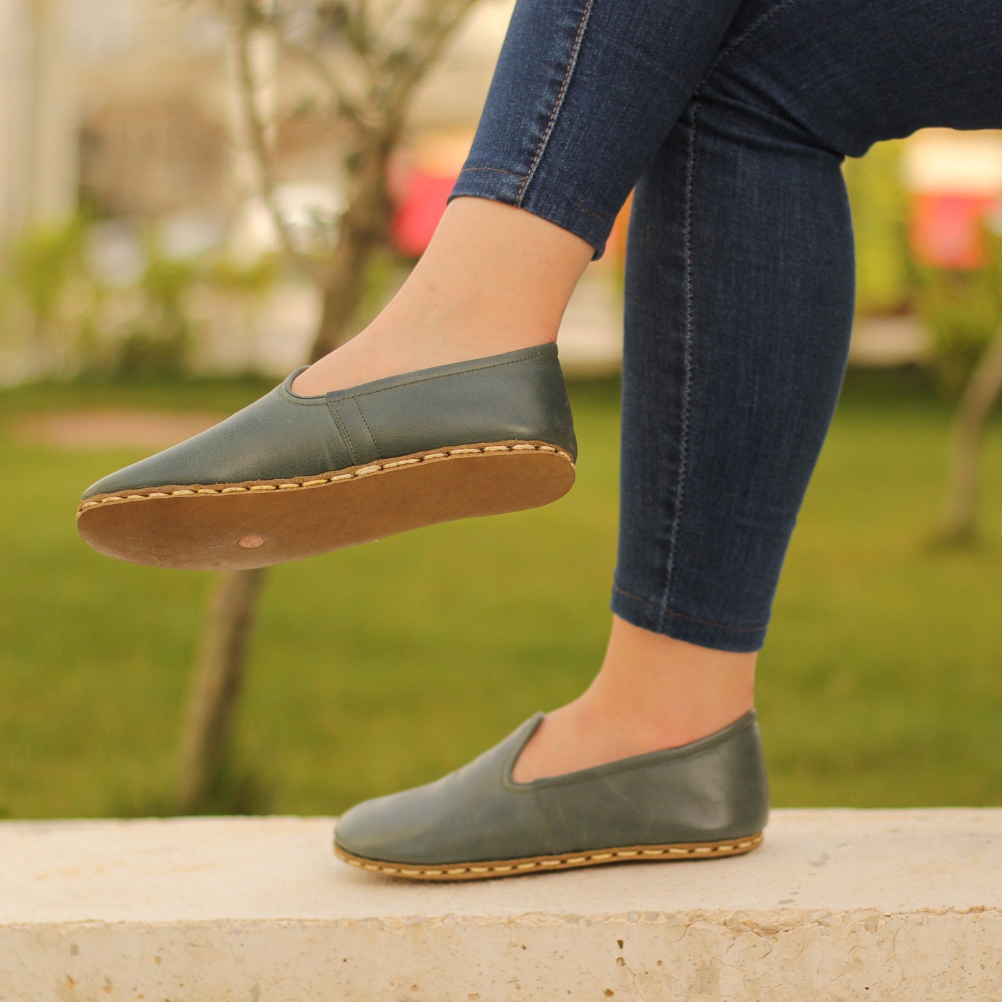 Handmade Green Leather Moccasins: Zero Drop Barefoot for Women