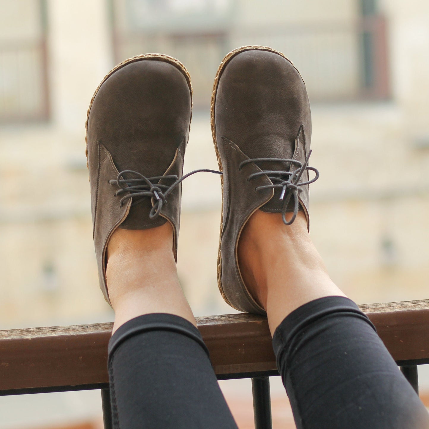 Women - Handmade - Oxford - Laced - Barefoot - Leather Shoes, - Gray Nubuck