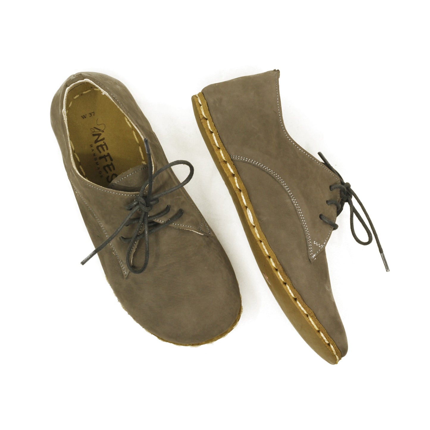 Women - Handmade - Oxford - Laced - Barefoot - Leather Shoes, - Gray Nubuck