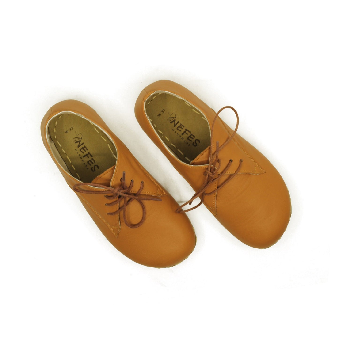 Women - Handmade - Oxford - Laced - Barefoot - Leather Shoes, - Light Brown