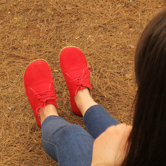 Handmade Red Lace-Up Barefoot Leather Shoes for Ladies