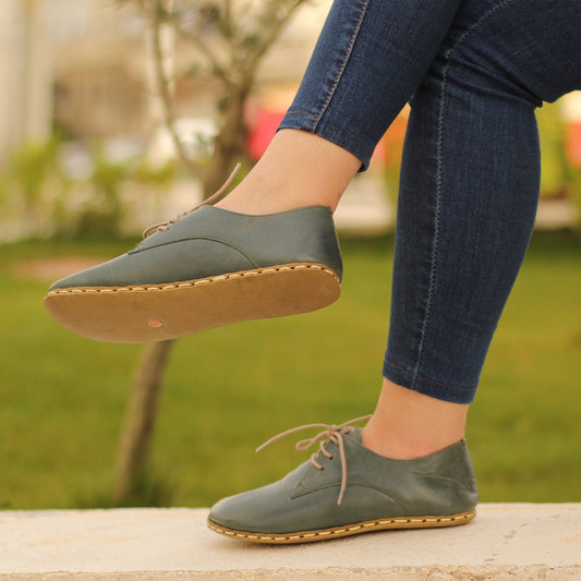 Handmade Green Leather Barefoot Laced Shoes for Women