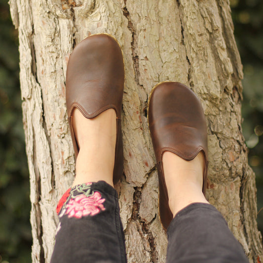 Crazy Brown Leather: Women's Handmade Barefoot Delight - Nefes