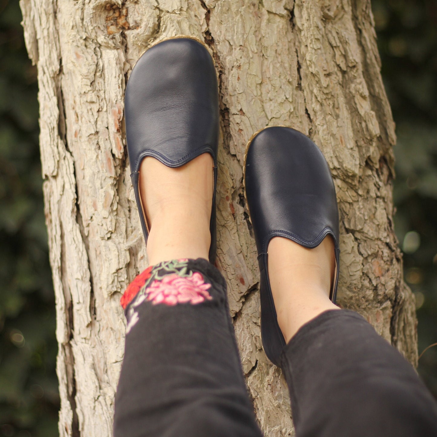 Barefoot Shoes Women, Handmade, Navy Blue Leather - Nefes Shoes