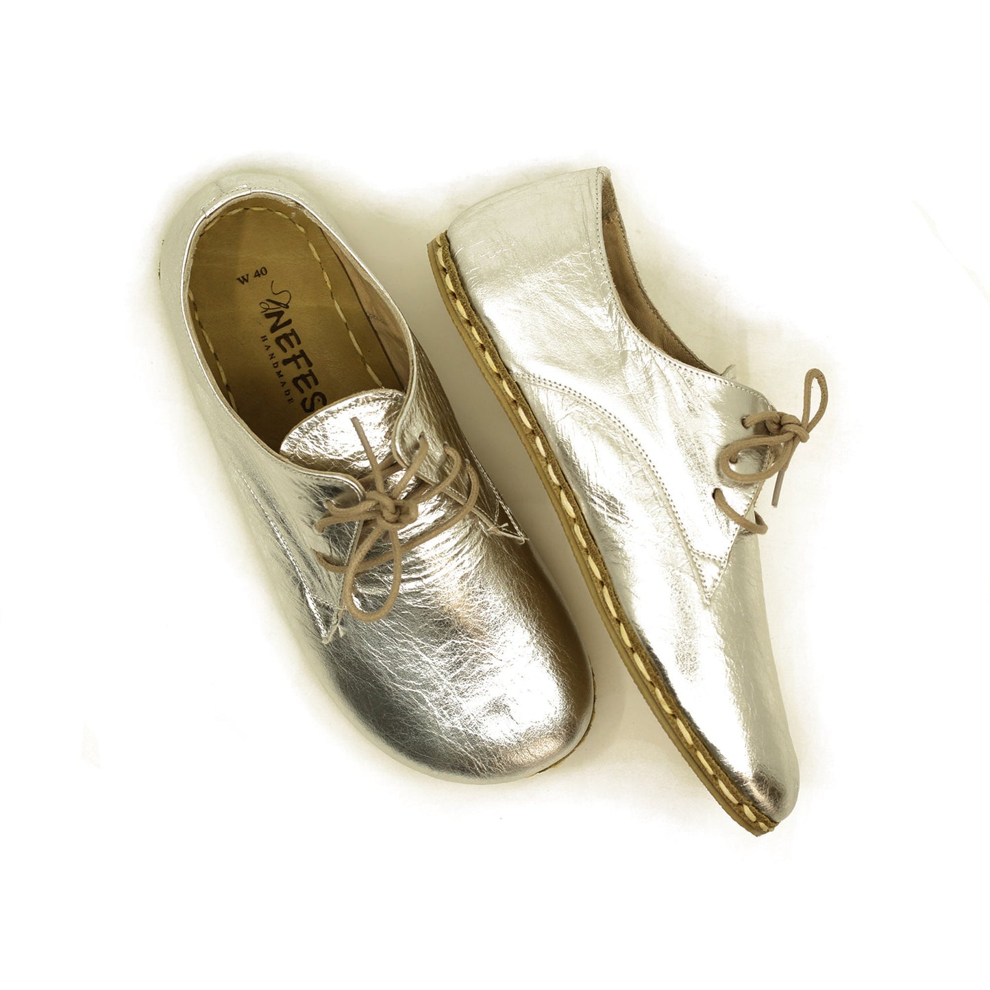 Women - Handmade - Oxford - Laced - Barefoot - Leather Shoes, - Shiny Silver