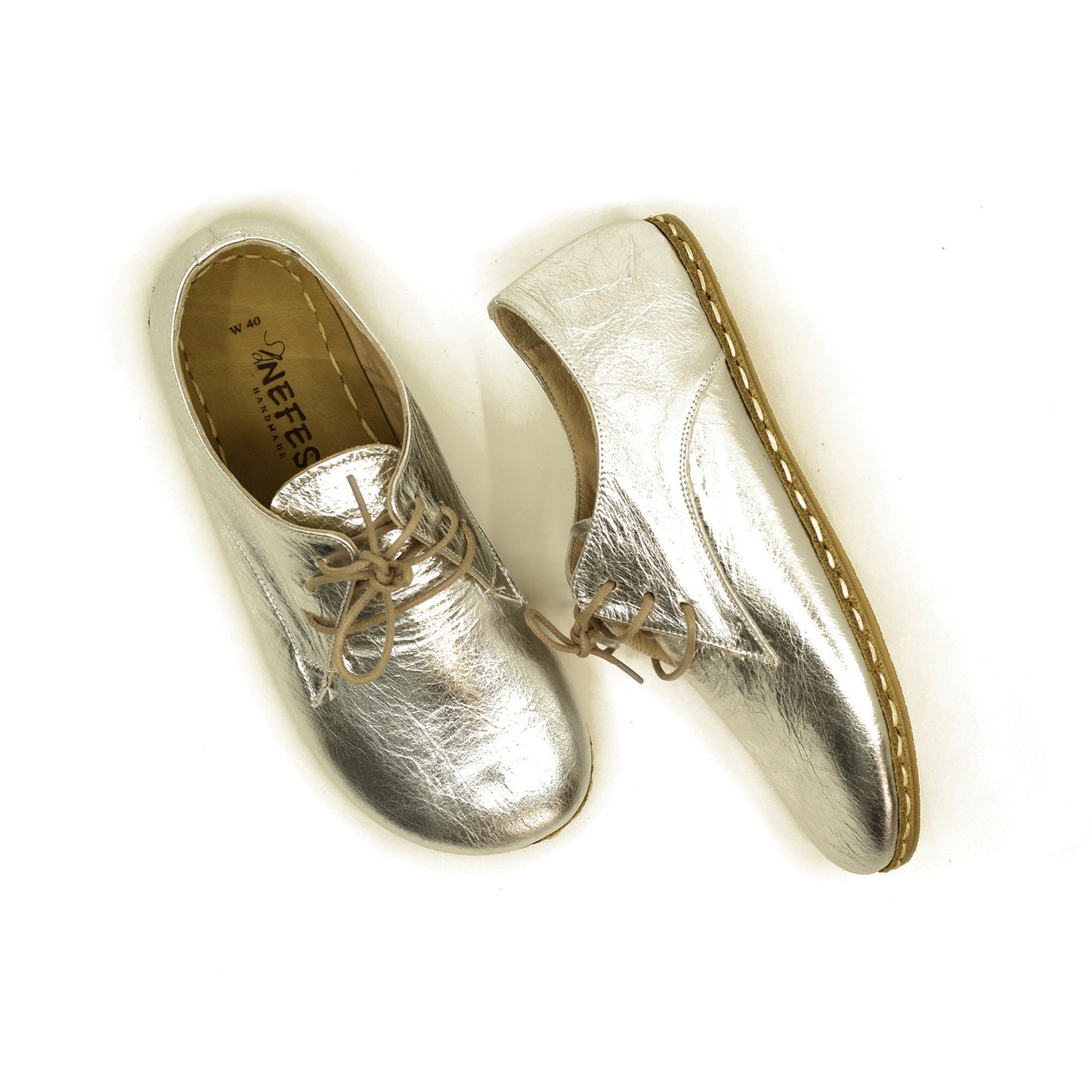 Women - Handmade - Oxford - Laced - Barefoot - Leather Shoes, - Shiny Silver