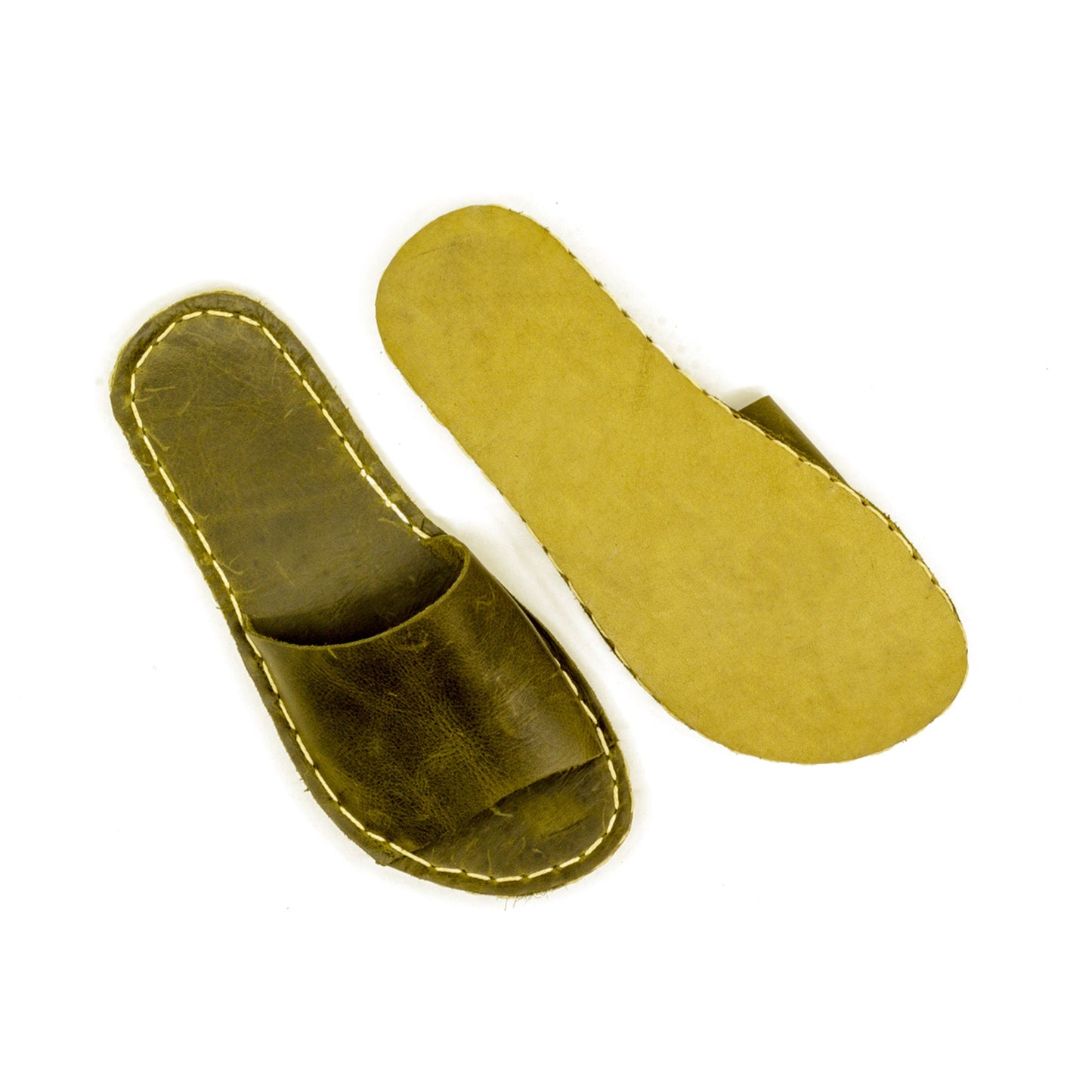 Tape Handmade Olive Green Leather Slippers for Men