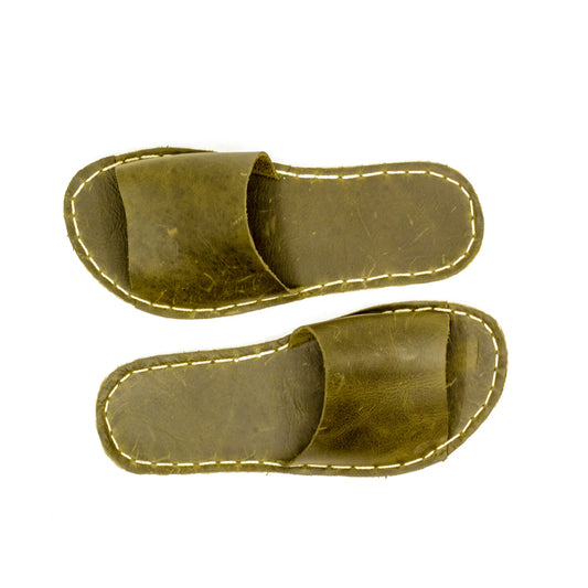 Tape Handmade Olive Green Leather Slippers for Men-Nefes Shoes