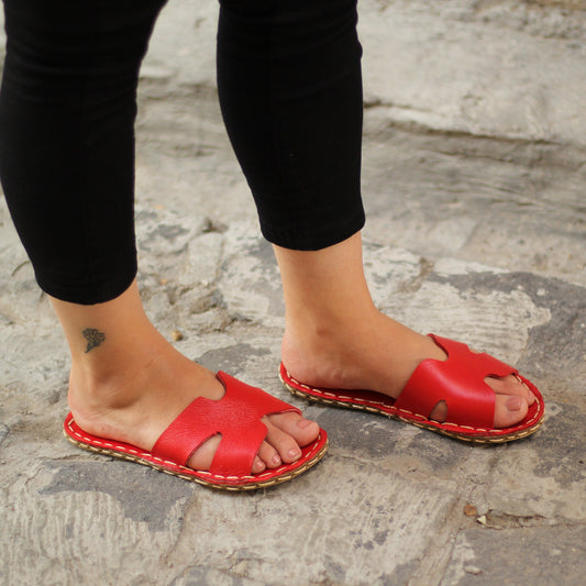 Women’s H Slipper Sandals – Barefoot - Handmade – All Genuine Leather – Red