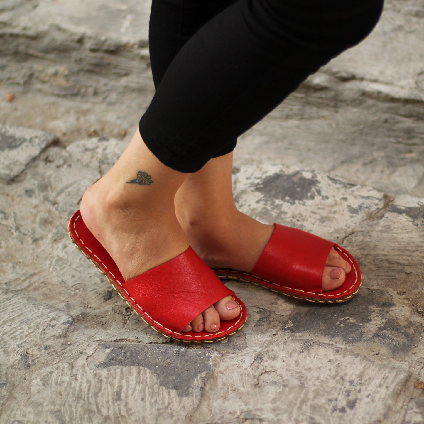 Tape Handmade Red Leather Slippers for Women