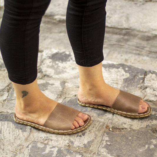 Tape Handmade Light Brown Leather Slippers for Women-Nefes Shoes