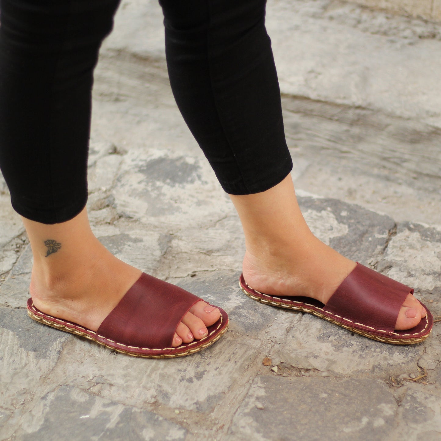 Women’s Tape Slipper Sandals – Barefoot - Handmade – All Genuine Leather – Claret Red