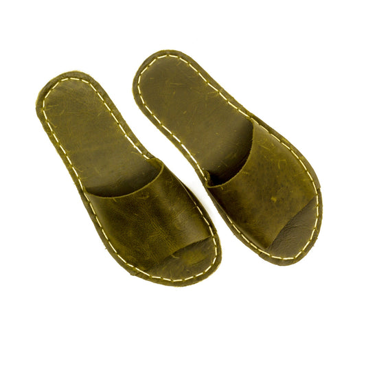 Tape Handmade Olive Green Leather Slippers for Men-Nefes Shoes