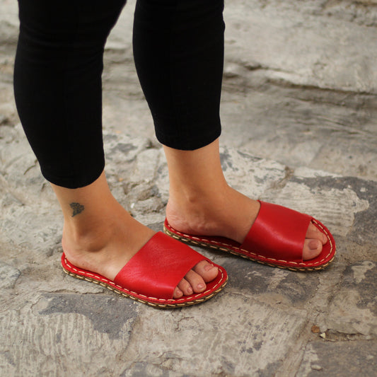 Tape Handmade Red Leather Slippers for Women-Nefes Shoes
