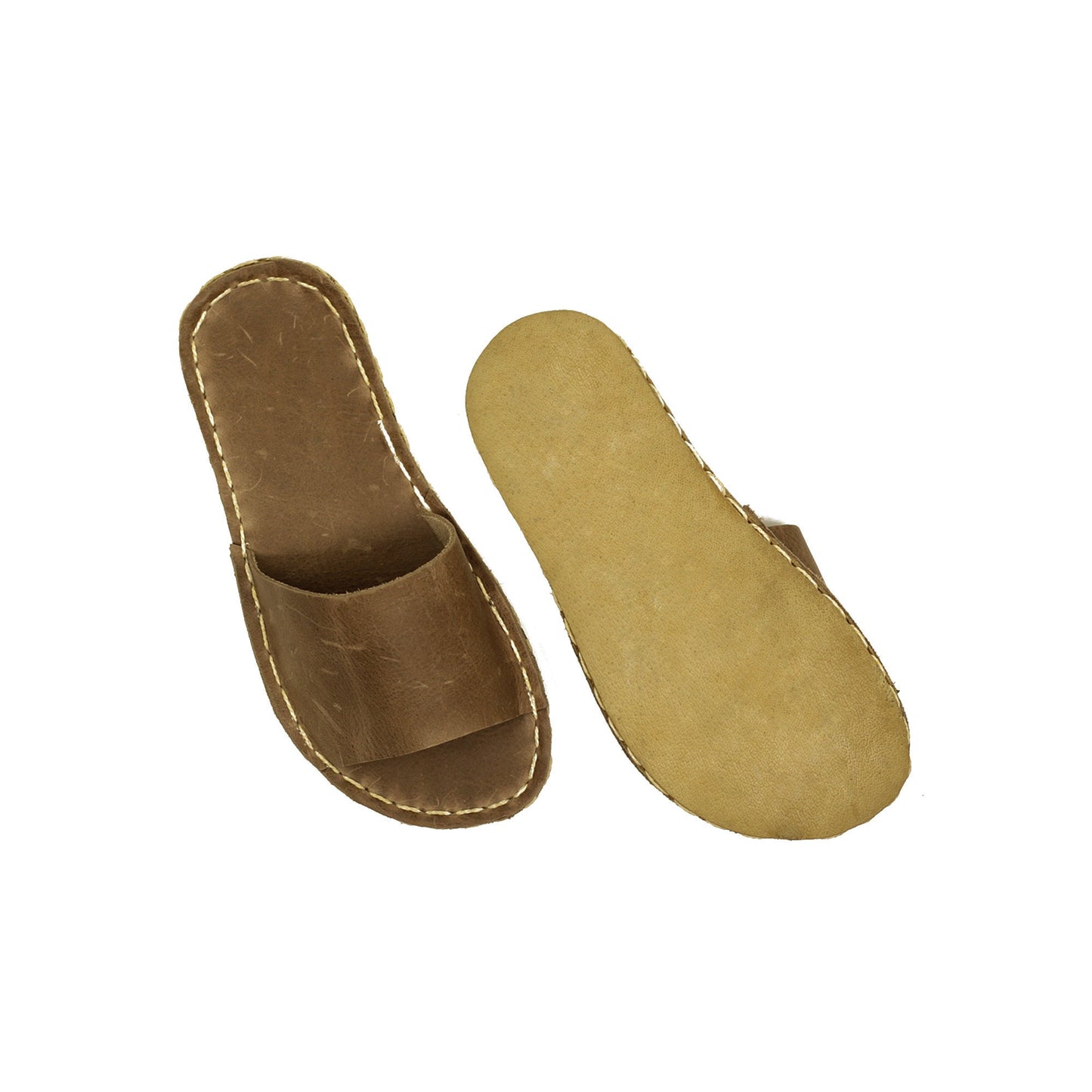 Tape Handmade Brown Leather Slippers for Women