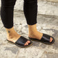 Tape Handmade Black Leather Slippers for Women